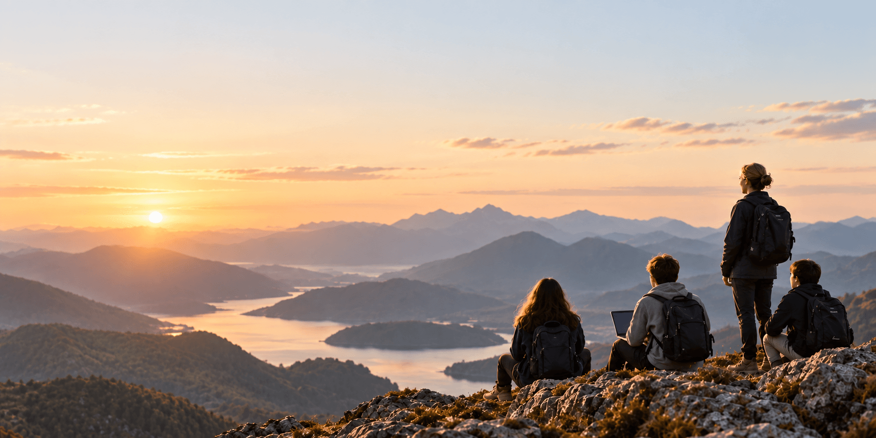 A group looking out across a mountain landscape